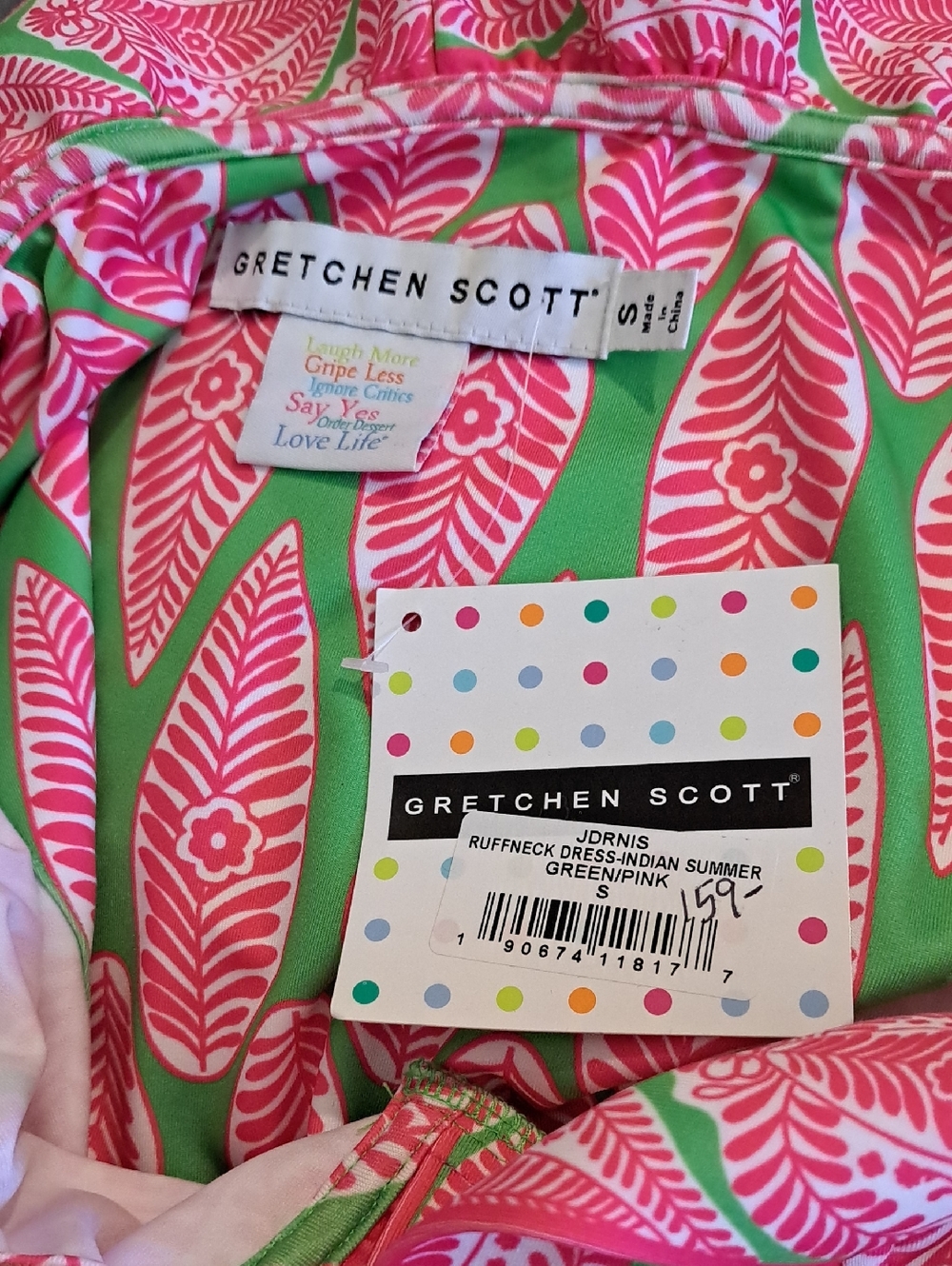 Gretchen Scott Ruffneck Dress Indian Summer Pink Green Size Small